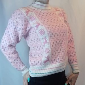Vintage Northern Isles Pastel Knit Sweater with Reindeer & Snowflakes.